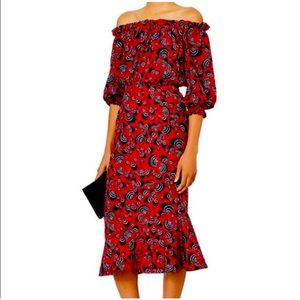 Saloni Grace Navy printed Red Off Shoulder Dress